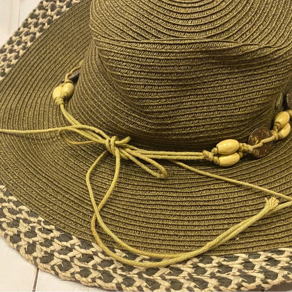 Karen Keith Wide Brim Boho Hat Women's Beeded‎ Olive Size Medium